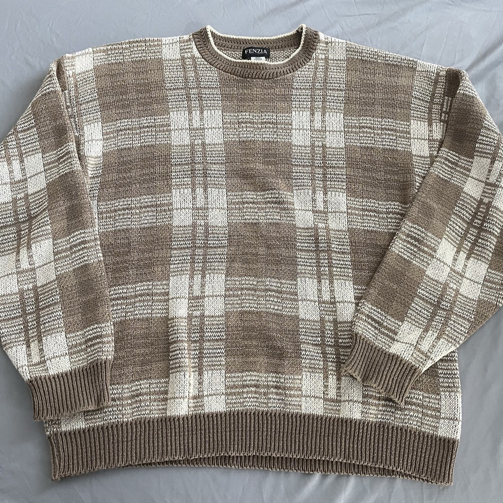 Vintage Fenzia Sweater Mens Large Plaid Grandpa Cosby 90s Knit Pullover USA Made